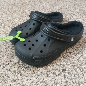 Crocs Mens Baya Lined Clog M9/W11 Black Slip-on Faux Fur Fuzzy Warm NWT